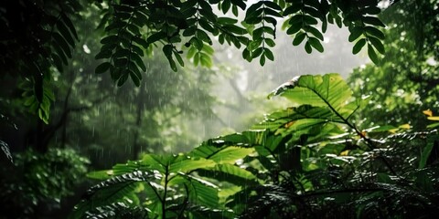 Rain falls in a rainforest with the rain drops.  - obrazy, fototapety, plakaty