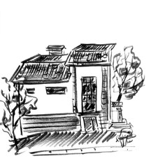 the house and the trees, travel sketch,graphic black and white monochrome drawing