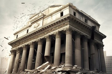Bank collapse. A bank or financial institution, going down failing or collapsing. Generative AI - obrazy, fototapety, plakaty