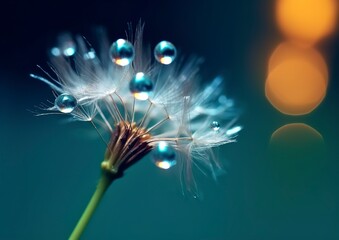 Beautiful dew drops on a dandelion seed macro. Beautiful blue background. Generative AI