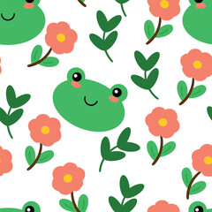 seamless pattern cartoon frog and flower red. cute animal wallpaper for textile, gift wrap paper