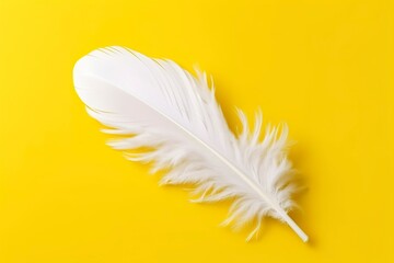 Obraz premium Close up of bright white feather. Copy space, yellow background. Fashion and Party concept. AI Generative