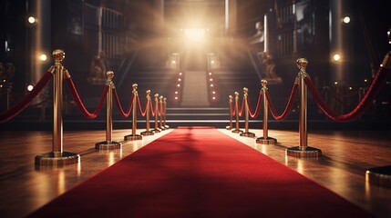 Red carpet rolling out in front of glamorous movie premiere background, Generative AI