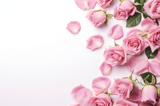 Close up of blooming pink roses flowers and petals isolated on white table background. Floral frame composition. Decorative web banner. Empty space, flat lay, top view. AI Generative