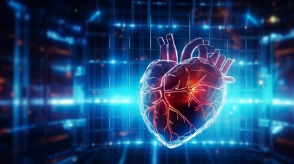 Human heart with cardiogram for medical heart health care background, 