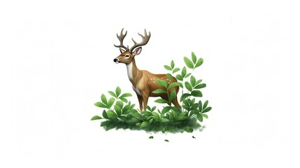 Illustration of a deer with green leaves, white background. 