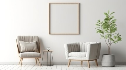 Modern cozy mock up and decoration furniture of living room and empty canvas frame on the white wall texture background, 3D rendering. 