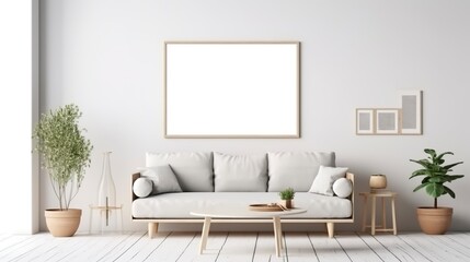 Fototapeta na wymiar Modern cozy mock up and decoration furniture of living room and empty canvas frame on the white wall texture background, 3D rendering. 