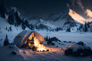 Campers at camp fire in winter landscape in polar night
