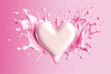 Pink heart shape milk splash, romantic food symbol for Valentines day, 