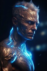 A man in a metal body with blue eyes looking at lightning. AI Generative