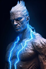 A man in a metal body with blue eyes looking at lightning. AI Generative