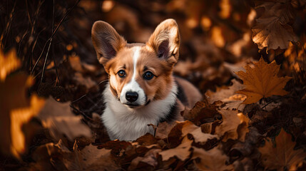 welsh corgi puppy in autumn leaves background