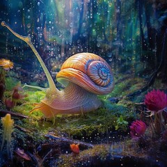 Obraz na płótnie Canvas Iridescent Snail in a Fairy Forest, Close Up of a Shimmering Shell. AI Generative
