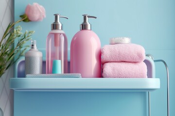 Obraz na płótnie Canvas A pastel bathroom shelf with pink skincare products, copy space, banner, pink and pastel blue bright palette, barbiecore. AI Generative