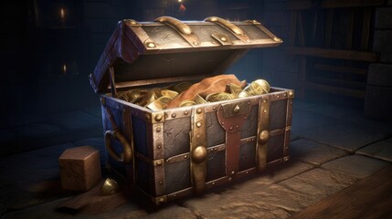 Pirate's chest full of gold and treasure in a dark cave