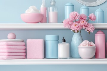Fototapeta na wymiar A pastel bathroom shelf with pink skincare products, copy space, banner, pink and pastel blue bright palette, barbiecore. AI Generative