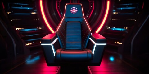 80s Inspired Captain Chair from Star Trek with Neon Lights and Cockpit Interior Background. AI Generative