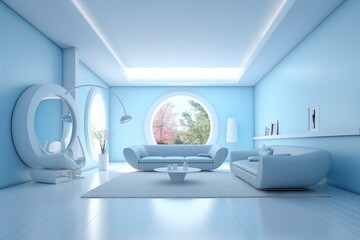 A professional and eye catching light blue with white living room in the metaverse, futuristic, AI Generative