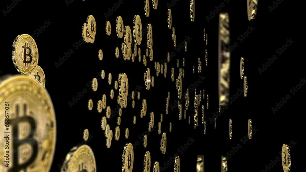 Poster shiny bitcoin cryptocurrency coins twisting and passing camera - 3d animation