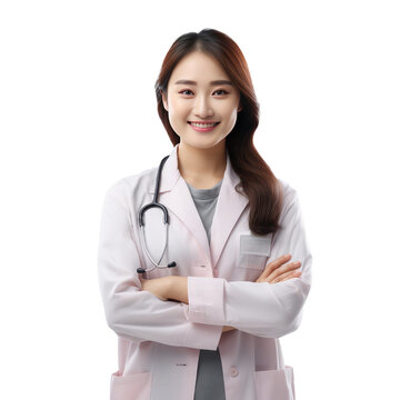 Young beautiful asian doctor happy face smiling with crossed arms, isolated on white transparent background