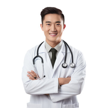 Young handsome asian doctor happy face smiling with crossed arms, isolated on white transparent background