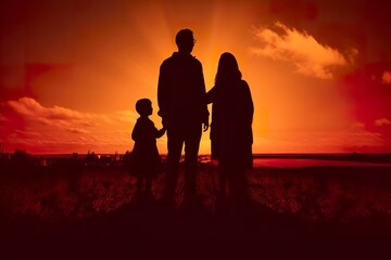 Shadow of Happy family together, parents with their little baby at sunset. A Silhouette of Love and Unity. AI Generative