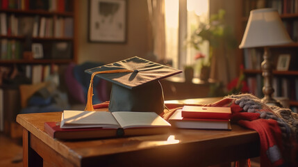 Close-up of a graduation cap placed on the table, surrounded by stacks of books
