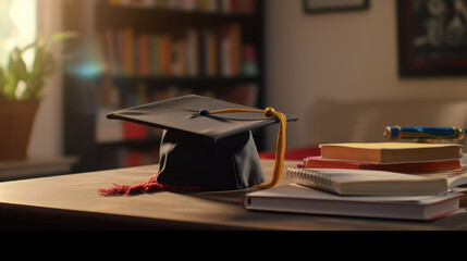 Close-up of a graduation cap placed on the table, surrounded by stacks of books