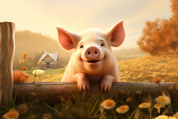 Pig with nature background style with autum