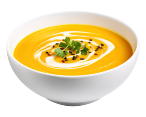 pumpkin creamy soup on transparent or white background, png