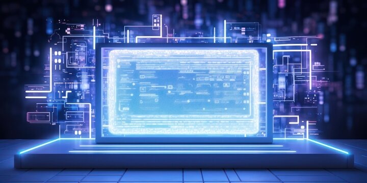 Neon computer board of the future for your text mockup. AI generation 