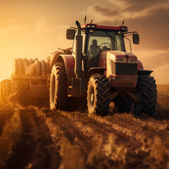 Naklejka premium agriculture tractor background at sunset