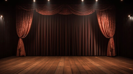 wooden stage with curtain and lamp light background