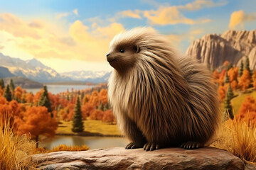 Porcupine with nature background style with autum
