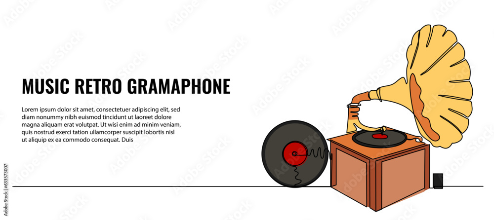 Poster retro analog gramophone vector illustration. modern flat in continuous line style.