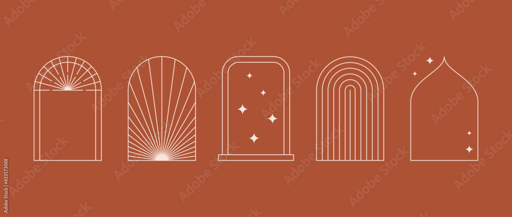 Poster boho style linear arch frame collection. bohemian decorative ornamental border set for badge, logo, 