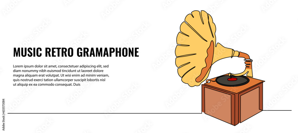 Poster retro analog gramophone vector illustration. modern flat in continuous line style.