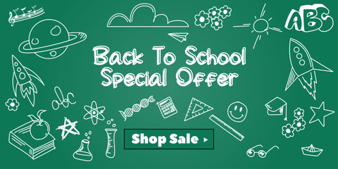 Back to school, special offer. Green board and children's drawing with chalk, in the center the inscription - Back to school. Vector.