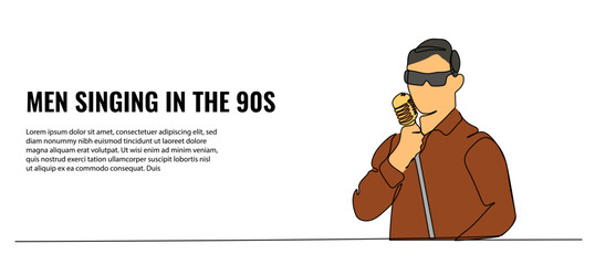 Vector illustration of a man showing the ability to sing with a microphone. Modern flat in continuous line style.