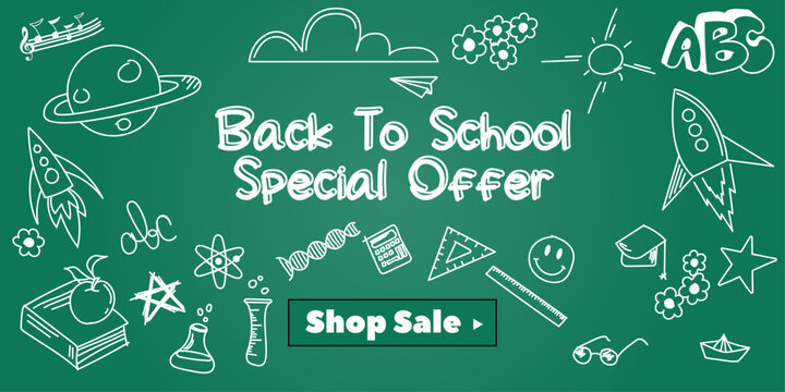 Back to school, special offer. Green board and children's drawing with chalk, in the center the inscription - Back to school. Vector.
