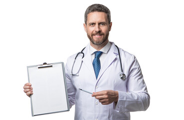 internist showing anamnesis isolated on white. internist with anamnesis in studio. - obrazy, fototapety, plakaty