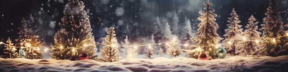 Foto auf Acrylglas Cappuccino Creative chrsitmas celebrate backgroundof snow bokeh pine tree forest glitter shiny light  christmas tree with a bright shining snow flake background,ai generate