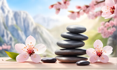 Spa Stones with Cherry Blossoms, shallow depth of field, defocused mountain landscape background, zen, balance, massage, reiki, meditation, relaxation generative ai