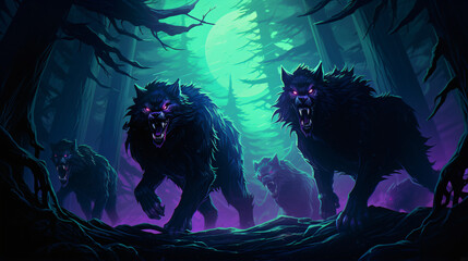 Neo-Inspired Howling Werewolves in a Moonlit Forest Scene