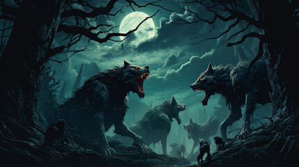 Surreal Dark Forest with Howling Werewolves Beneath a Full Moon