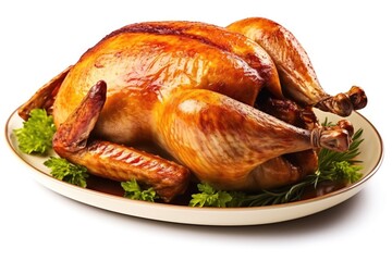 Roasted turkey ready for the holidays on white background