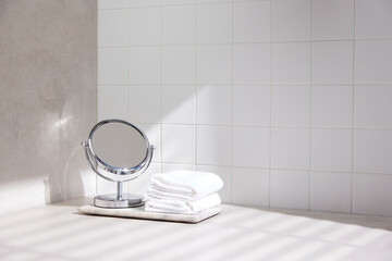 Various props in the bathroom background