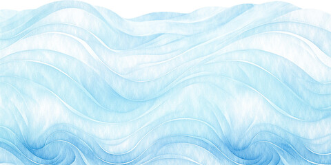 Water snow wavy abstract transparent background for copy space text. Blue frozen ocean flowing motion. Watercolor effect blizzard backdrop. Snowy holiday cartoon . Hand painted details. - obrazy, fototapety, plakaty