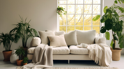 White sofa with plaid and cushions on knitted rug against of grid window between green houseplants. Scandinavian, hygge interior design of modern living room. Created with generative